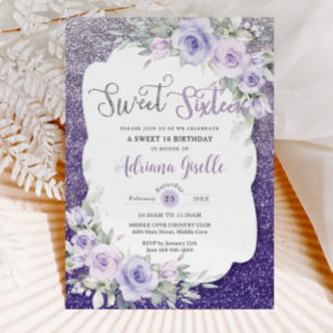 Lavender Purple Floral Butterflies Sweet Sixteen Invitation