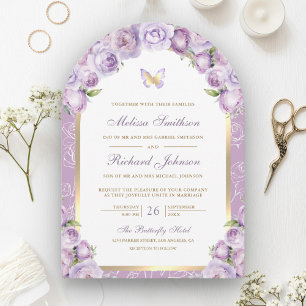 Lavender Purple Floral Gold Arch Butterfly Wedding Invitation
