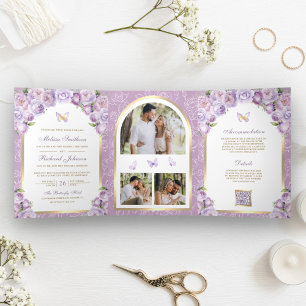 Lavender Purple Floral Gold Arch Butterfly Wedding Tri-Fold Invitation