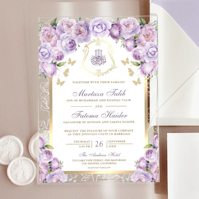 Lavender Purple Floral Gold Arch Muslim Wedding Acrylic Invitations (Creator Uploaded)