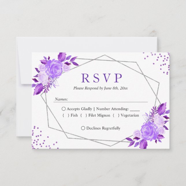 Lavender Purple Floral Grey Frame Wedding RSVP Card (Front)