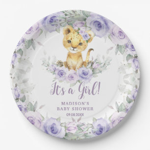 Lavender Purple Floral Lion Cub Baby Shower  Paper Plate