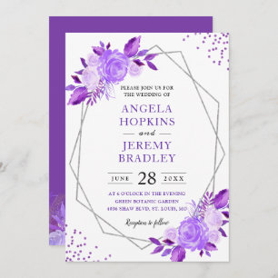 Lavender Purple Floral Modern Silver Frame Wedding Invitation