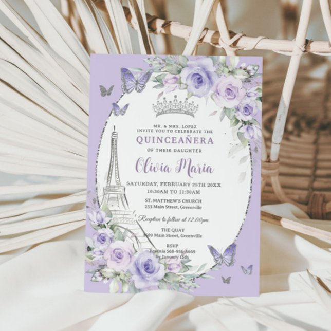 Lavender Purple Floral Paris Butterfly Quinceañera Invitation (Creator Uploaded)