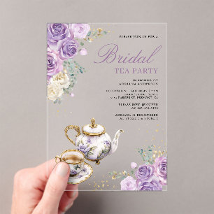 Lavender Purple Floral Tea Party Bridal Shower Acrylic Invitations
