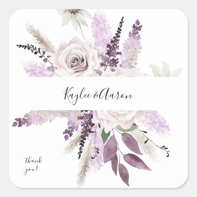 Lavender Purple Floral Thank You Square Sticker (Front)
