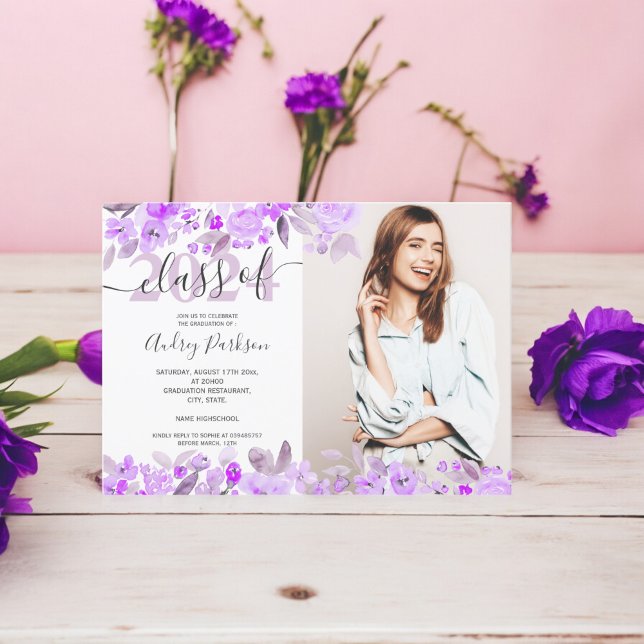 Lavender purple floral watercolor photo graduation invitation (Lavender purple floral watercolor photo graduation invitation)