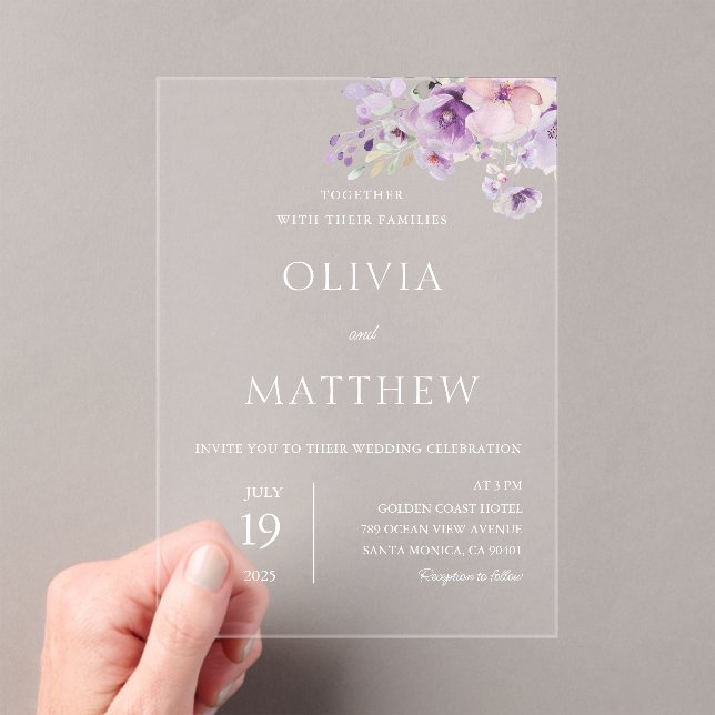 Lavender Purple Floral Wedding Acrylic Invitation (Insitu (Handheld))