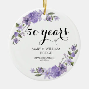 Lavender purple florals 50th wedding anniversary ceramic ornament