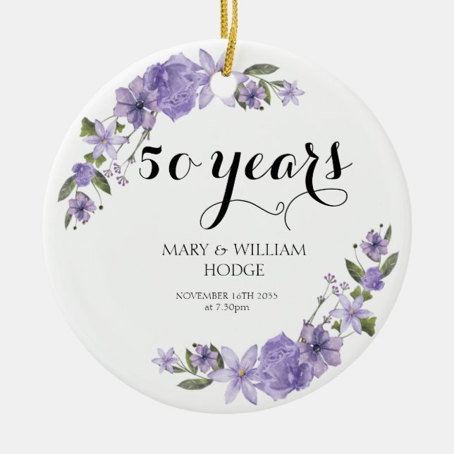 Lavender purple florals 50th wedding anniversary ceramic ornament (Front)