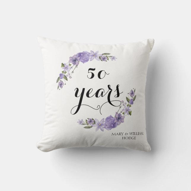 Lavender purple florals 50th wedding anniversary cushion (Front)