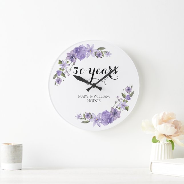 Lavender purple florals 50th wedding anniversary large clock (Home)