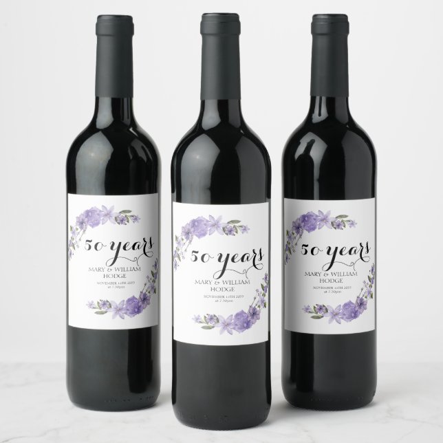 Lavender purple florals 50th wedding anniversary wine label (Bottles)