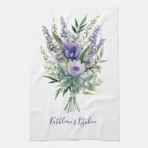 Lavender Purple Flower Greenery Floral Bouquet Tea Towel