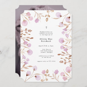 Lavender Purple Flower Photo Christening Baptism Invitation