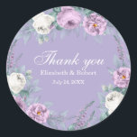 Lavender Purple Flower Wedding Thank You Sticker<br><div class="desc">This lavender-purple wedding round sticker features white and purple watercolor peonies,  lavender,  geometric shapes,  and typography. Ideal for an outdoor wedding. Find matching items in Lavender Purple Floral Wedding Collection.</div>
