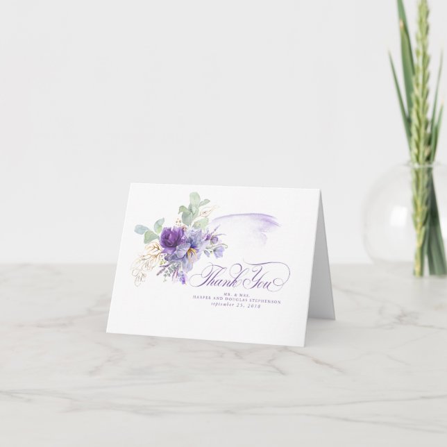 Lavender Purple Flowers Botanical Elegant Wedding Thank You Card (Front)
