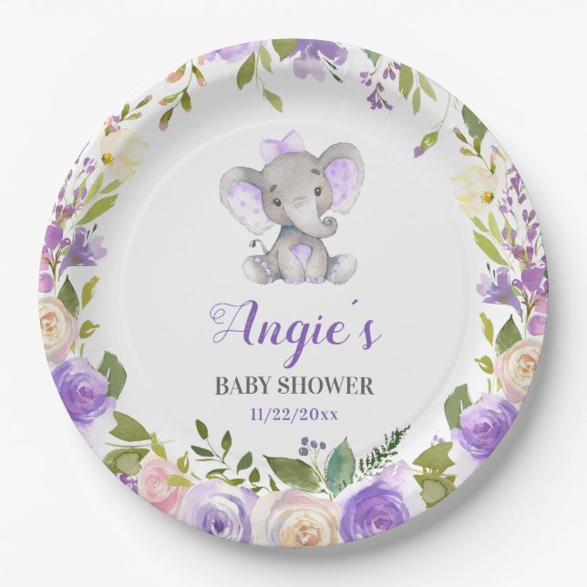 Lavender Purple Girl Elephant Baby Shower Table Paper Plate (Front)