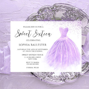 Lavender Purple Glitter Gown Sweet 16 Party Invitation