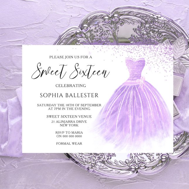Lavender Purple Glitter Gown Sweet 16 Party Invitation (Creator Uploaded)