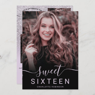Lavender Purple glitter ombre 5 photos sweet 16 Invitation