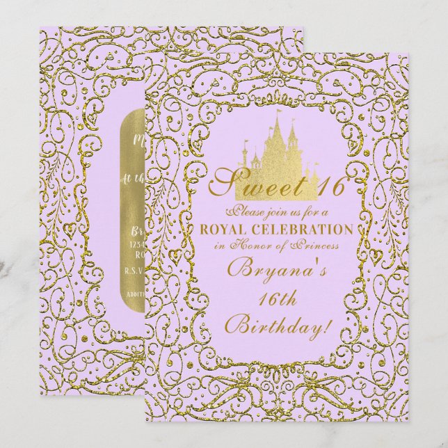 Lavender Purple & Gold Castle Princess Sweet 16 Invitation (Front/Back)