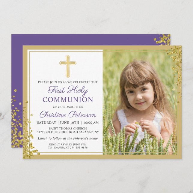 Lavender Purple Gold First Holy Communion Photo Invitation (Front/Back)