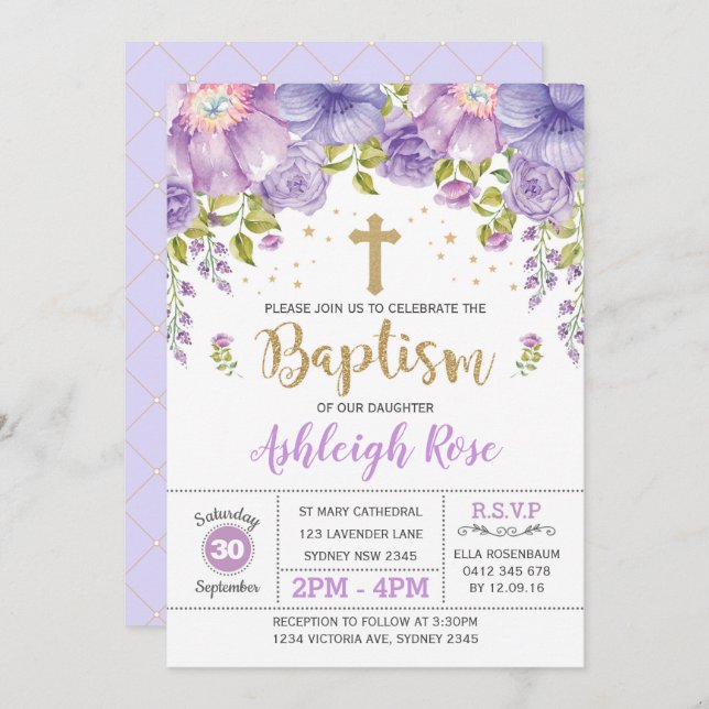 Lavender Purple Gold Floral Girl Baptism Invitation (Front/Back)