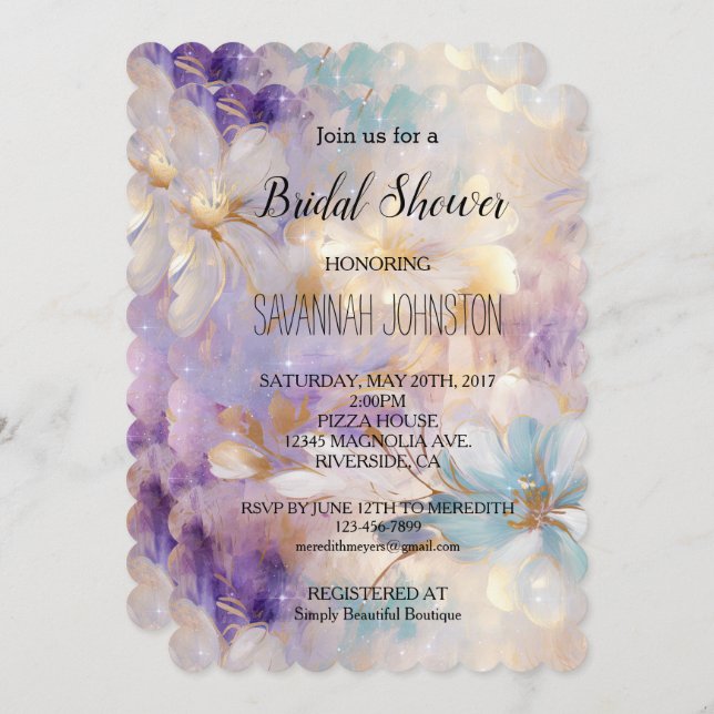 Lavender Purple Gold Glam Floral Bridal Shower Invitation (Front/Back)