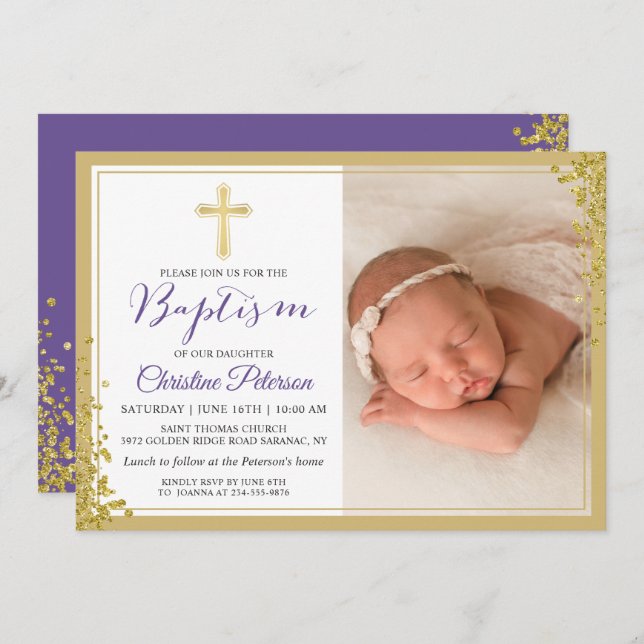 Lavender Purple Gold Glitter Baptism Photo Invitation (Front/Back)