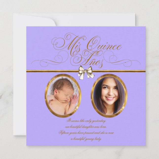 Lavender Purple Gold Photo Quinceanera Invitations (Front)