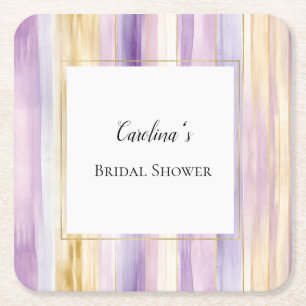 Lavender Purple Gold Stripes Bridal Shower   Square Paper Coaster