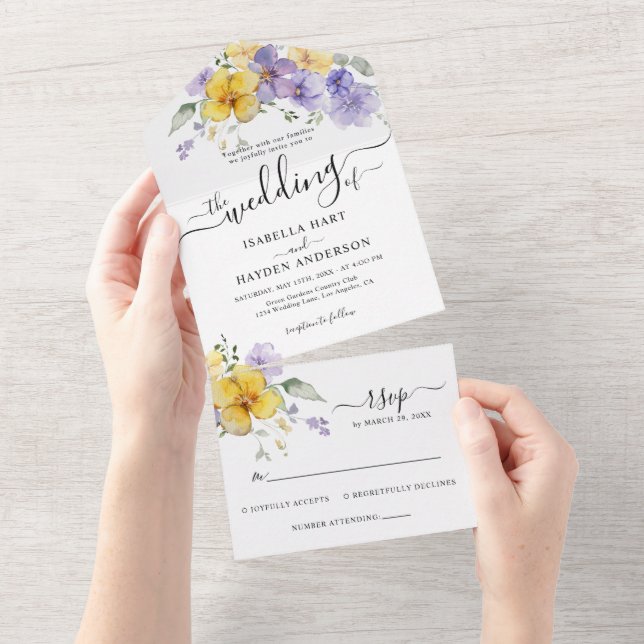 Lavender Purple Golden Yellow Floral Wedding RSVP All In One Invitation (Tearaway)
