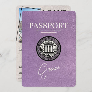 Lavender Purple Greece Passport Save the Date Card
