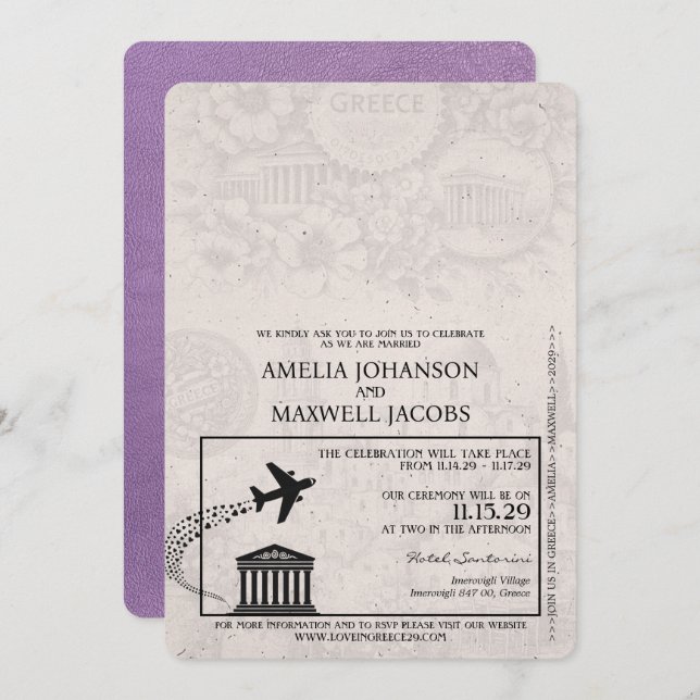 Lavender Purple Greece Passport Wedding Invitation (Front/Back)