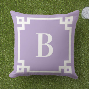 Lavender Purple Greek Key Border Monogram Cushion