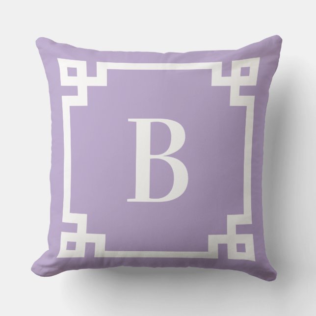 Lavender Purple Greek Key Border Monogram Cushion (Front)
