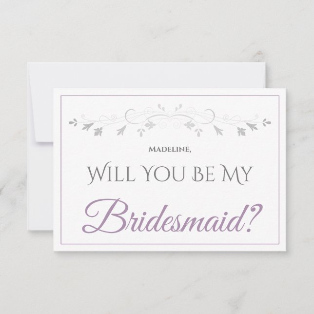Lavender Purple & Grey Be My Bridesmaid Card (Front)