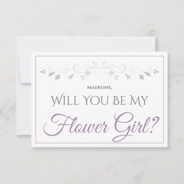 Lavender Purple & Grey Be My Flower Girl Card (Front)