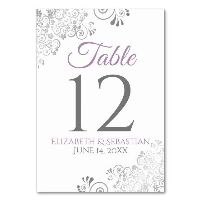 Lavender Purple & Grey Elegant Filigree Wedding Table Number (Front)