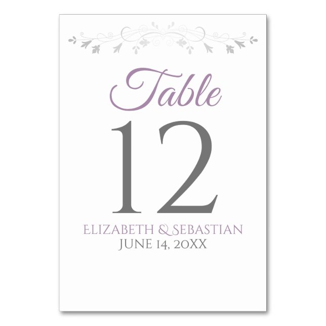 Lavender Purple & Grey Simple Elegant Wedding Table Number (Front)