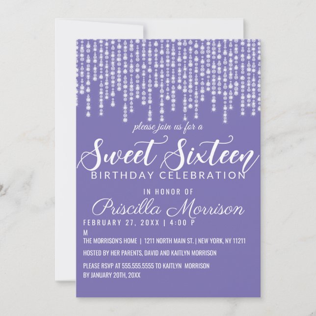Lavender Purple Hanging Diamond Lights Sweet 16 Invitation (Front)