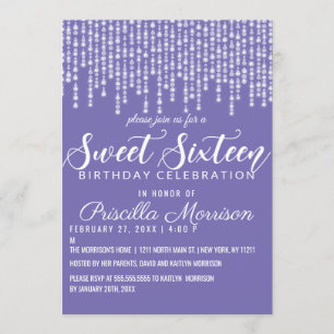 Lavender Purple Hanging Diamond Lights Sweet 16 Invitation