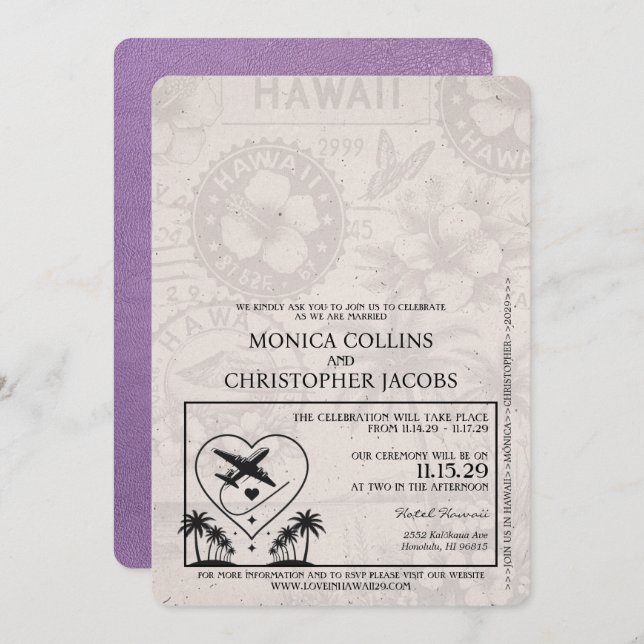 Lavender Purple Hawaii Passport Wedding Invitation (Front/Back)