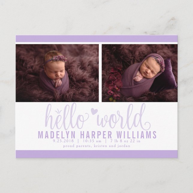 Lavender Purple Hello World Photo Birth Stat Announcement Postcard (Front)
