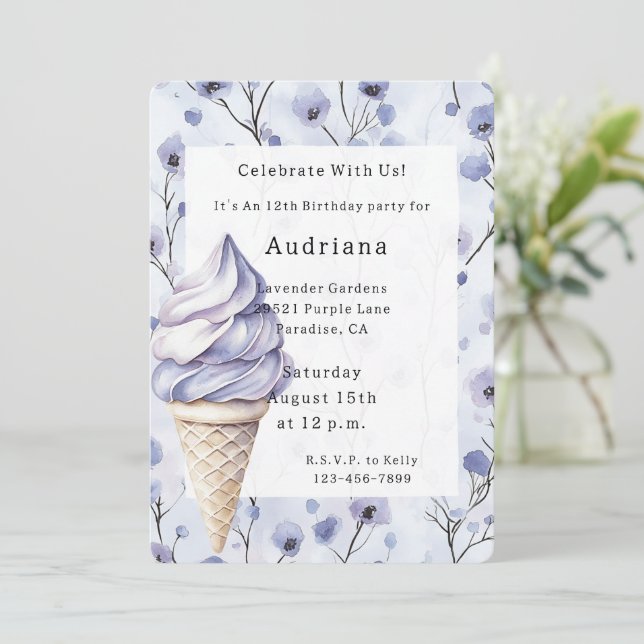 Lavender Purple Ice Cream Cones Floral Birthday Invitation (Standing Front)