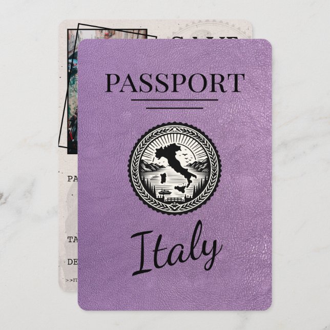 Lavender Purple Italy Passport Save The Date (Front/Back)