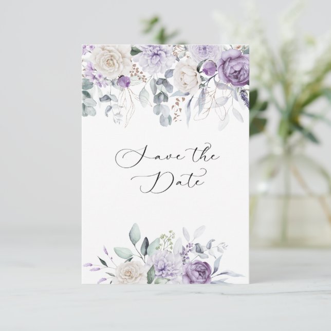 Lavender, Purple, Ivory Hydrangea Floral  Save The Date (Standing Front)