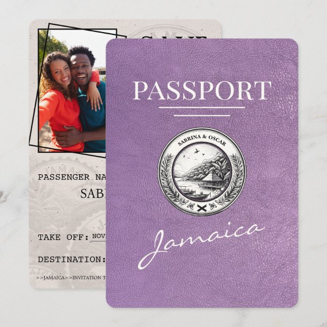 Lavender Purple Jamaica Passport Save The Date (Front/Back)