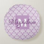 Lavender Purple Lacy Damask Chic Monogram & Name Round Cushion<br><div class="desc">This beautiful accent pillow features a classic white damask pattern over a lavender or dusty purple background. The design is personalised with a monogram initial letter as well as a customisable name. Perfect for decorating any room with a classic yet elegant style. Great house warming gift or perfect for decorating...</div>